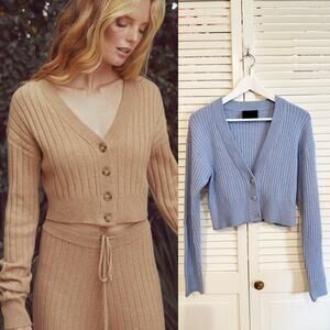 Ona by Yoon Chung Blue Ribbed Luna Cropped Cardigan Sweater